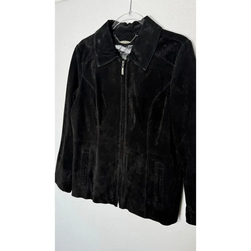 2000s Dennis Basso Washable Black Suede Leather Jacket zippered Cuffs Medium